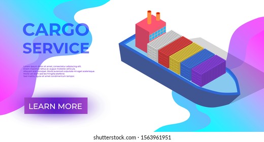 Isometric Cargo Ship with Container Flat Design. Delivery Service. Vector