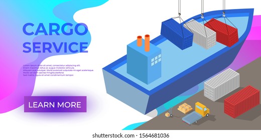 Isometric Cargo Ship with Container Flat Design. Delivery Service. Vector illustration
