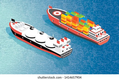 Contenedor de transporte de carga isométrico y buque portador de GNL. Ilustración vectorial. Transporte de Mercancías de Envío.