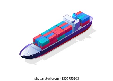 Isometric Cargo Ship Container In The Ocean Transportation. Illustration Vector