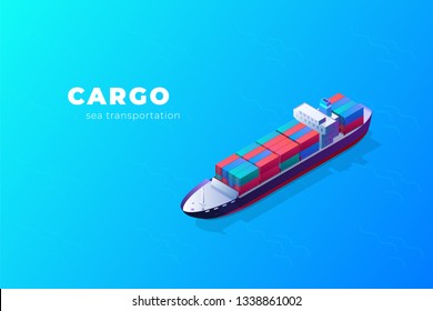 Isometric Cargo Ship Container In The Ocean Transportation. Illustration Vector