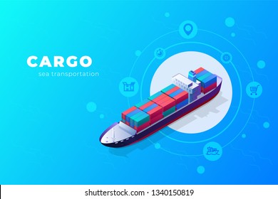 Isometric cargo ship container in the ocean transportation. illustration vector