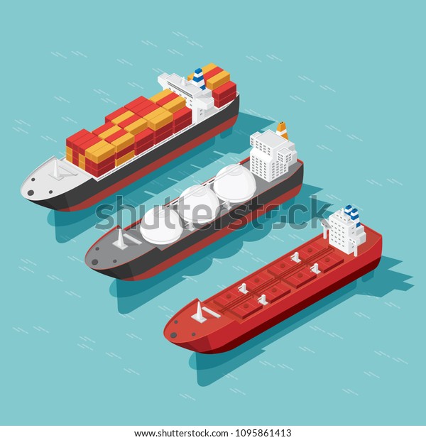 Isometric cargo ship container, oil tanker ship in\
the ocean transportation, shipping freight transportation.\
illustration vector