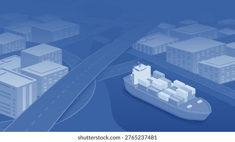 Isometric Cargo Ship with Containers Near City Infrastructure