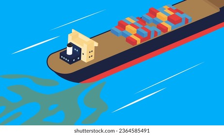 Buque de carga isométrico con contenedores en un fondo azul. Ilustración vectorial plana.