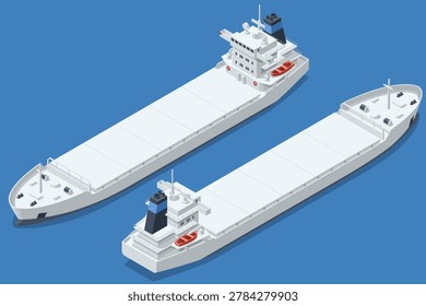 Isometric cargo ship shown from multiple angles on blue background. Empty merchant vessel with deck and bridge for sea transport, freight delivery, marine logistics and shipping concept