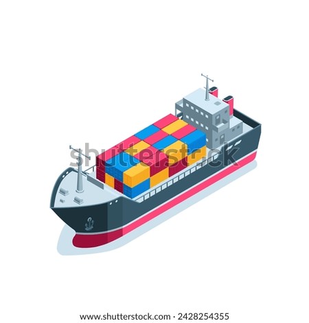 isometric cargo ship or tanker with containers, in color on a white background, water cargo transportation