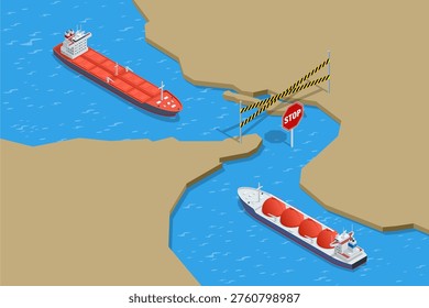 Isometric cargo ships blocked at narrow sea passage with barrier tape and stop sign. Maritime trade disruption concept shows closed strait, tanker route restriction, logistics risk and shipping crisis