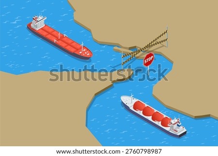 Isometric cargo ships blocked at narrow sea passage with barrier tape and stop sign. Maritime trade disruption concept shows closed strait, tanker route restriction, logistics risk and shipping crisis