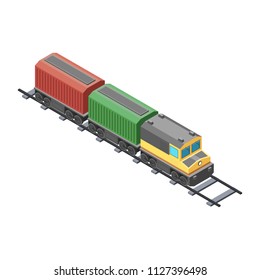 Isometric cargo train with red and green containers. Delivery rail transportation. Vector illustration on white background