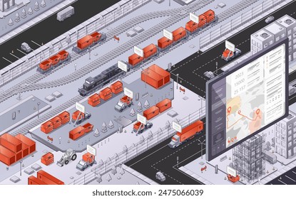 Transporte isométrico de carga y Vector logístico ferroviario. Estación de exportación comercial con el contenedor del camión y la red del almacén para distribuir el concepto de mercancías. Vehículos e infraestructura de edificios para el almacenamiento