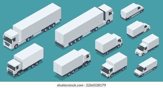 Isometric Cargo Truck transportation, delivery, boxes. Fast delivery or logistic transport. Easy colour change. City commercial delivery truck template. White vehicle mockup.