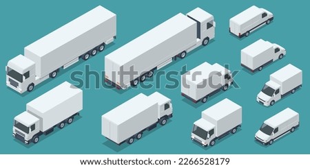 Isometric Cargo Truck transportation, delivery, boxes. Fast delivery or logistic transport. Easy colour change. City commercial delivery truck template. White vehicle mockup.