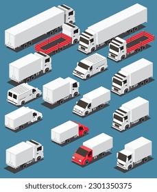 Isometric Cargo Trucks Collection. Commercial Transport Set. Logistics. City Object for Infographics. Vector Illustration. Car for Carriage and Delivery of Goods. Front View. Lorry Mock-up Template.
