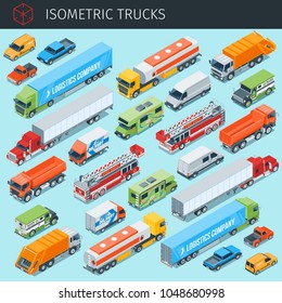 Isometric cargo trucks with front and rear views. transport vehicle icons set. 3d vector transport icon. Highly detailed vector illustration