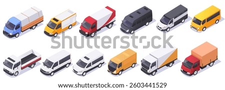 Isometric cargo trucks and vans set in various colors and designs. Vector illustration