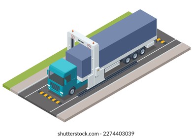 Isometric cargo vehicle is going through a mobile x-ray control. Mobile x-ray scanning system is used against smuggling. Delivery Vehicles isolated.