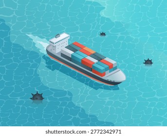 Isometric cargoship vector illustration and danger