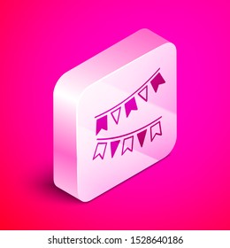 Isometric Carnival garland with flags icon isolated on pink background. Party pennants for birthday celebration, festival and fair decoration. Silver square button. Vector Illustration