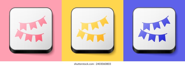 Isometric Carnival garland with flags icon isolated on pink, yellow and blue background. Party pennants for birthday celebration, festival decoration. Square button. Vector