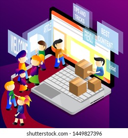 isometric caroton of people shopping and reading on the internet