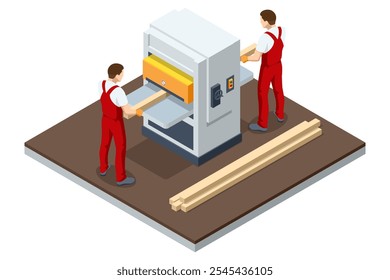 Isometric carpenter planer and thickness machine. A thickness planer or planer. Woodworking machine to trim boards to a consistent thickness throughout their length. Woodworking tools