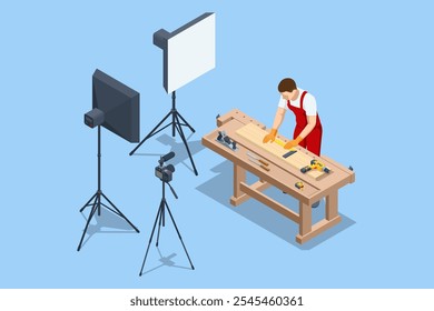 Isometric carpenter in a woodworking workshop, showing that he is recording a video blog and capturing every woodworking lesson on camera. Carpentry Workshop.