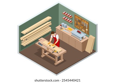 Isometric Carpenter Working on Woodworking Machines in carpentry Shop. Woodworking Machine. Carpentry Workshop