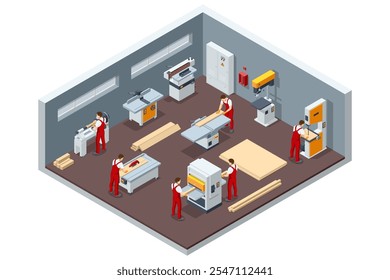 Isometrischer Schreiner, der in der Schreinerei an Holzbearbeitungsmaschinen arbeitet. Holzbearbeitungsmaschine. Tischlerei. Holzbearbeitungswerkzeuge