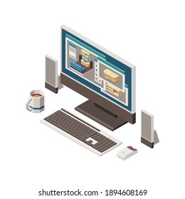 Isometric Carpentry Icon With Furniture Models On Computer Screen 3d Vector Illustration