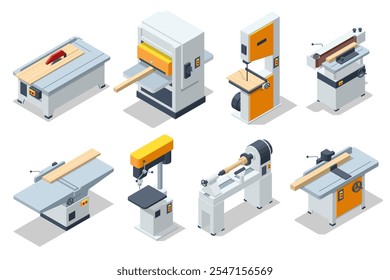 Máquinas de carpintaria isométrica conjunto. Torno de madeira, máquina de madeira serra de banda, serra circular corte de prancha de madeira, prancha de carpinteiro e máquina de espessura, ferramentas de madeira mesa de madeira. Oficina de carpintaria