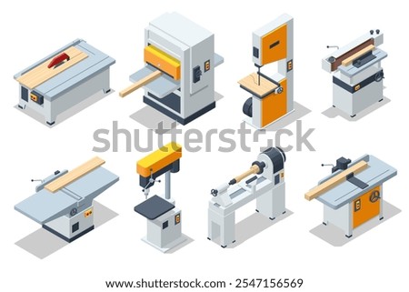 Isometric Carpentry machines set. Wood lathe, band saw wood machine, Circular saw cutting wooden plank, carpenter planer and thickness machine, Woodworking tools wooden table. Carpentry workshop