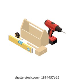 Isometric carpentry tools icon with hammer drill builder level 3d vector illustration