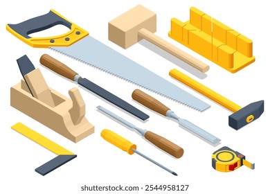 Isometric Carpentry tools or Woodworking tools. Miter box, Mallet, Tape measure, Chisel, Screwdriver and woodworkers plane carpentry chisel