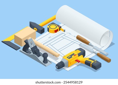 Isometric Carpentry tools or Woodworking tools. Miter box, Mallet, Tape measure, Chisel, Screwdriver and woodworkers plane carpentry chisel