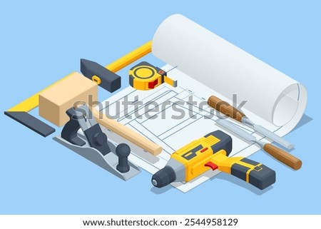 Isometric Carpentry tools or Woodworking tools. Miter box, Mallet, Tape measure, Chisel, Screwdriver and woodworkers plane carpentry chisel