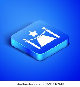 Isometric Carpet with barriers and star icon isolated on blue background. VIP event, luxury celebration. Celebrity party entrance. Blue square button. Vector Illustration