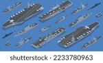 Isometric Carrier battle group. Naval fleet consisting of an aircraft carrier capital ship and its large number of escorts, together defining the group, amphibious assault ship