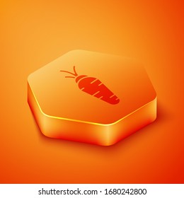 Isometric Carrot icon isolated on orange background. Orange hexagon button. Vector Illustration