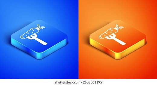 Isometric Carrot on fork icon isolated on blue and orange background. Square button. Vector