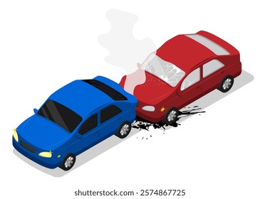 Isometric cars In auto accident on road. Consequences of failure to keep safe distance on dangerous section of road and inattentive driving. Aerial view 3D vector isolated on white background