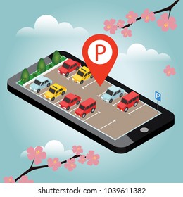 Isometric cars in the car parking. Mobile searching. Spring time. Looking for parking. Flat 3d isometric urban city infographic concept. Geo tracking. Map