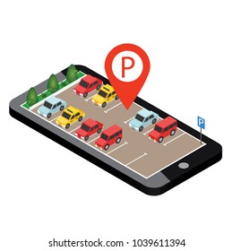 Isometric cars in the car parking. Mobile searching. Looking for parking. Flat 3d isometric urban city infographic concept. Geo tracking. Map