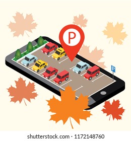 Isometric cars in the car parking. Mobile searching. Looking for parking. Flat 3d isometric urban city infographic concept. Geo tracking. Map