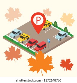 Isometric cars in the car parking. Parking Sign. City parking vector web banner isometric flat vector style. Flat 3d isometric urban city infographic concept.