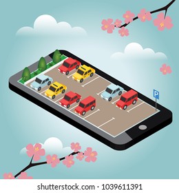 Isometric cars in the car parking. Spring time. Mobile searching. Looking for parking. Flat 3d isometric urban city infographic concept