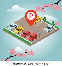 Isometric cars in the car parking. Spring time. Parking Sign. City parking vector web banner isometric flat vector style. Flat 3d isometric urban city infographic concept.
