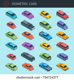 Isometric cars collection with front and rear views. city transport vehicle icons set. 3d vector transport icon. Highly detailed vector illustration