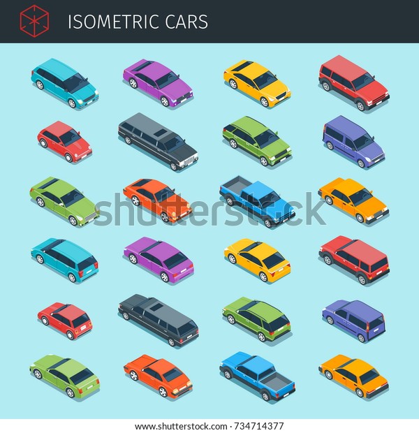 Isometric cars collection with front and\
rear views. city transport vehicle icons set. 3d vector transport\
icon. Highly detailed vector\
illustration