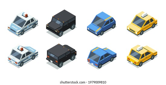 Isometric cars. Front and back side views of urban vehicles garish vector transport illustrations